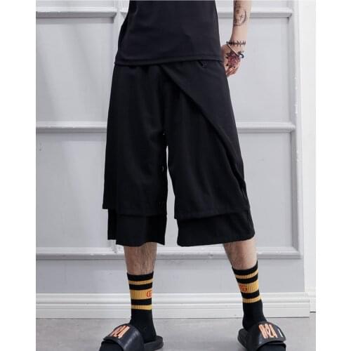 2021 spring and summer new style mens black Capris fake 2-piece skirt pants overalls casual solid color personality trend versa