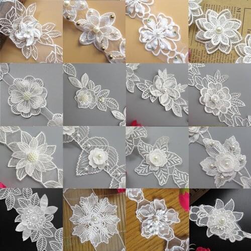 20x White 3D Pearl Beaded Flower Embroidered Lace Trim Fabric Applique Handmade DIY Patchwork Wedding Lace Ribbon Sewing Craft