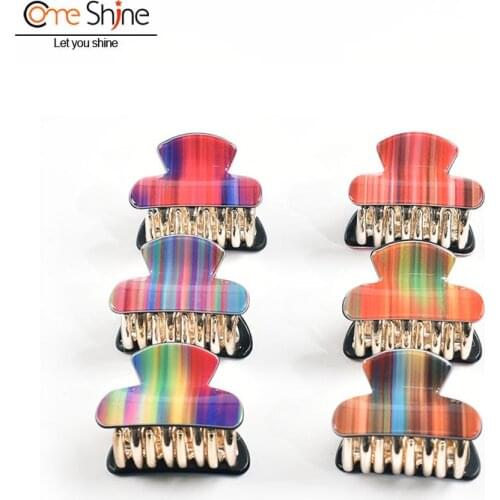 6pcs/ Pack 4cm Hair Claw Clips Small Rainbow Stripes Acrylic Girls and Women Plastic No-Slip Grip Jaw Clamp Headwear Accessories