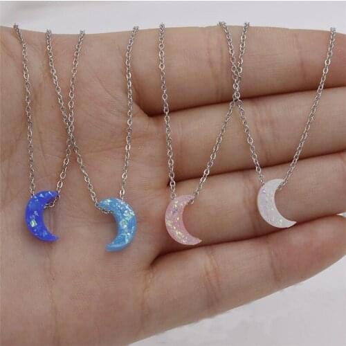 4 Colors 10mm Moon Shape Opal Stone Pendant Necklace Stainless Steel Gold Chain Collar Jewelry Girlfriend Gifts