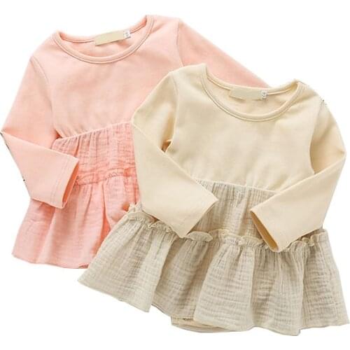 Baby Girl Princess Romper Dress Cotton Mesh Infant Solid Color Clothes Long Sleeve Children Covered Button One-pieces