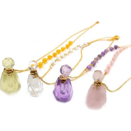 FYJS Unique Light Yellow Gold Color Irregular Shape Perfume Bottle Pendant with Round Beads Necklace Essential Oil Jewelry