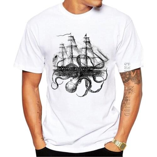 Hipster Tops Homme Fashion Octoship Design Men T-Shirt Funny Octopus Printed Graphic Tshirt Cotton Tees For Man
