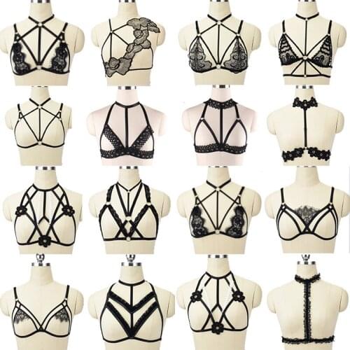 JLX.HARNESS Womens Sexy Lace Sheer Caged Bra Harness Goth Black Bondage Strappy Tops Lingerie Harness Underwear Festival Rave