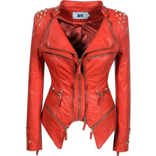New Occident Punk Women PU Motor Jacket Female Classic Rivet Casual Coat zipper Slim Faux Leather Short WindBreak Outerwear