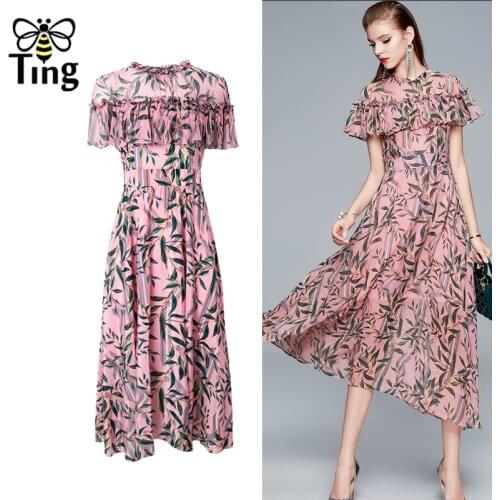 Tingfly Vintage Women Fashion Ruffles Zanzea Leaf Print Summer Chiffon Midi Dress Lady Office Work Dress A Line Vestidos Dinner
