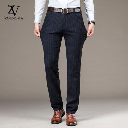 Mens Formal Trousers Straight Elastic Breathable Stripe Winter Casual Trousers Plaid Elegant Male Business Suit Dads Pants