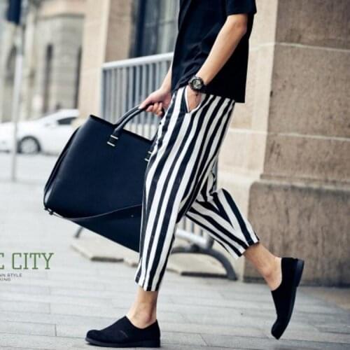 2017 New Men clothing Hair Stylist fashion black white stripe ankle length trousers personality harem pants singer costumes