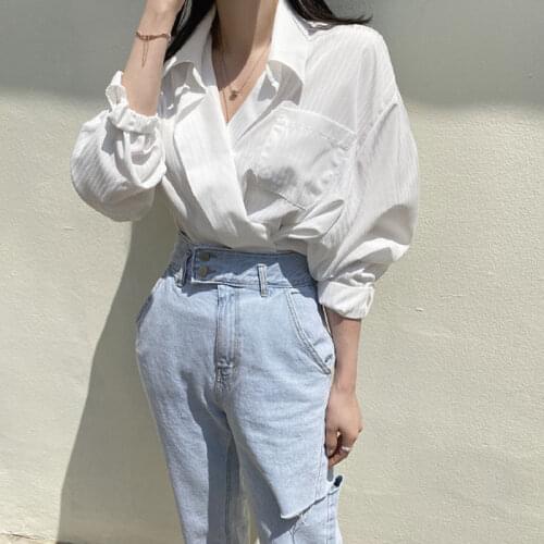 Autumn New Korean Style Retro Niche Light Mature Blue/white Striped Lapel Shirt Casual Long-sleeved Blouses Elegant Woman