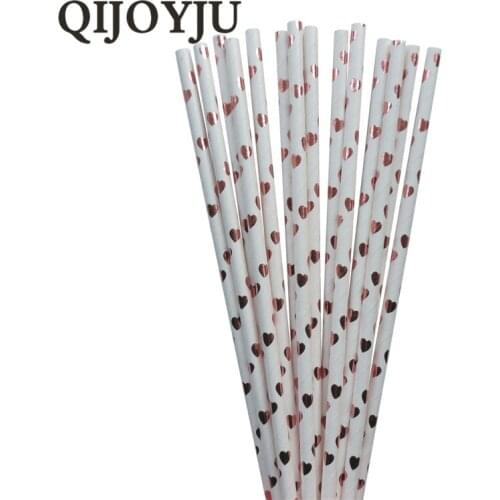 QIJOYJU 25Pcs rose gold heart dot Striped paper straws Birthday wedding new year party decoration Disposable drink straws party