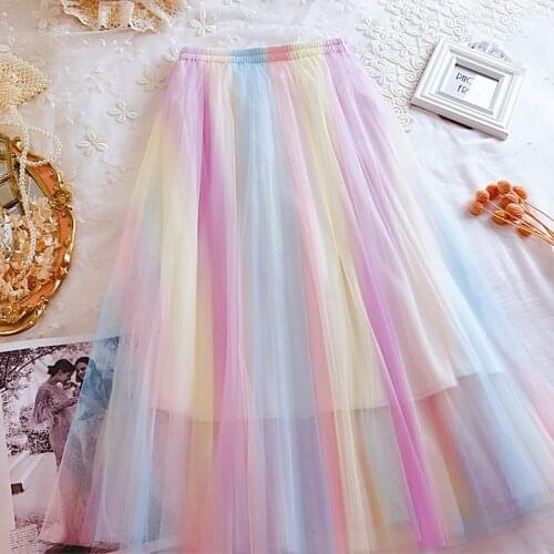 Romantic women rainbow mesh skirts sweet girls colorful pink blue skirts woman striped tulle skirt
