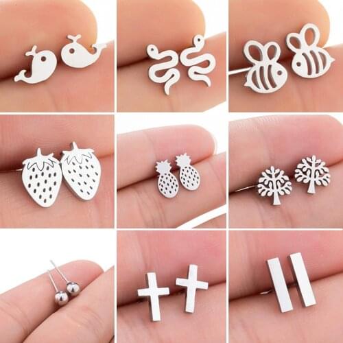Mini Stainless Steel Animal Ear Studs Punk Heart/Star/Ladybug/Bee/Snake/Tree/Daisy/Flower/Cross/Slime/Umbrella Stud Earrings