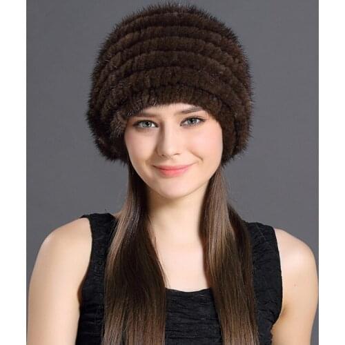 Real Fur Hat Women New Winter Natural Mink Fur Hat Lining Knitted Beanie Red Wine Elegant Brown Black Solid Hat