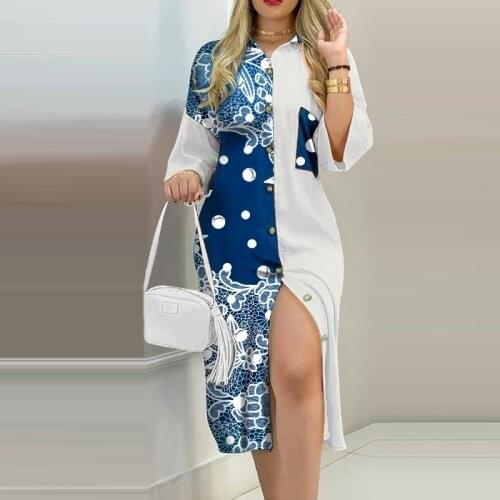 Vintage Patchwork Button Women Shirt Dress Summer Fashion 3/4 Sleeve Loose Dress Spring Lady Casual Pocket Party Dress Vestidos