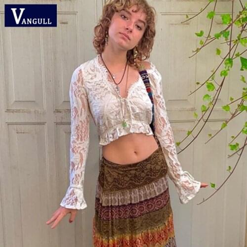 Vangull Sweet Ruffles T-Shirts Women Cute Hollow Out V-Neck Drawstring Flare Sleeve Lace Tops Female Autumn Vintage White Tees