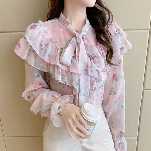 Chiffon Printed Bow lace ruffled Long sleeves Chiffon Shirt Blouse Ladies Tops Blusa Mujer Butterfly V Neck Women Blouse 91C