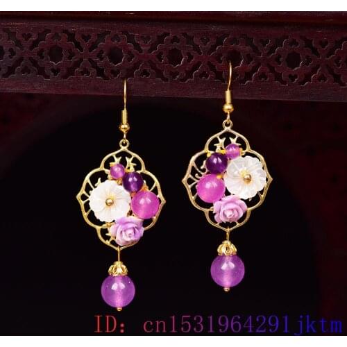 Purple Jade Flower Earrings Charm 925 Silver Jewelry Amulet Gemstone Gifts Fashion Zircon Chalcedony Women Crystal Natural