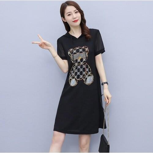 Large Size Womens Summer New Korean Version Was Thin Loose Heavy Process Hot Drilling Hooded Short-Sleeve Dress