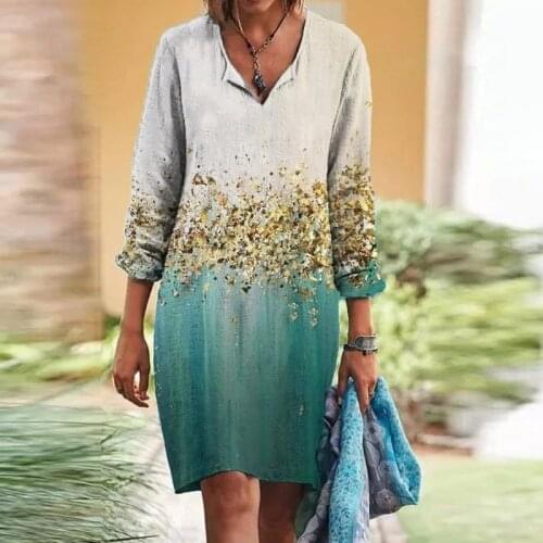 2021 Autumn Vintage Floral Printed Loose Women Dress Casual 3/4 Sleeve Harajuku Dresses Ladies Spring V Neck Straight Dress New