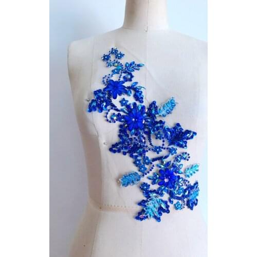 50*30cm handmade crystal patches sew on blue rhinestones applique on mesh for dress accessories