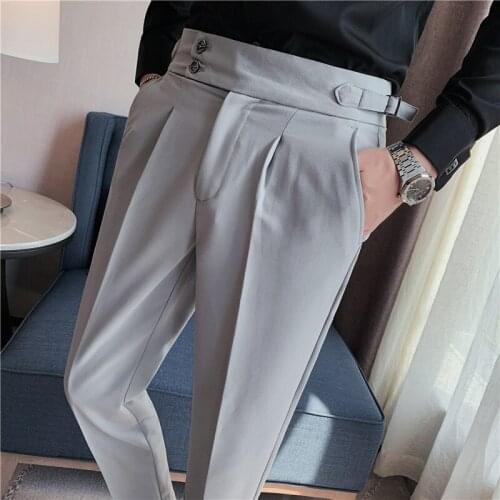 7Colors Naples Drape Suit Pants Men Dress Simple High Waist Business Formal Wear Straight Office Trousers Casual 36