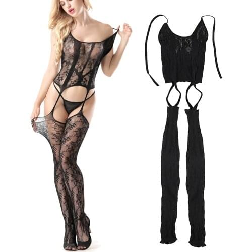 Free Size Erotic Underwear Open Crotch Bodysuit Catsuit Sexy Lingerie For Women Adult Hanging Neck Exotic Apparel Lace Mesh Shop