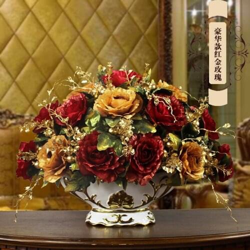 European Luxury Hall Ceramic Vase+Artificial Flower Figurines Home Crafts Decoration Porch Dining Table Fake Flower Pot Ornament