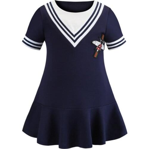Funfeliz Spring Summer Navy Blue Dress Girls Cotton Toddler Girl Dresses 2019 New A Line Kids Dresses Children Clothes