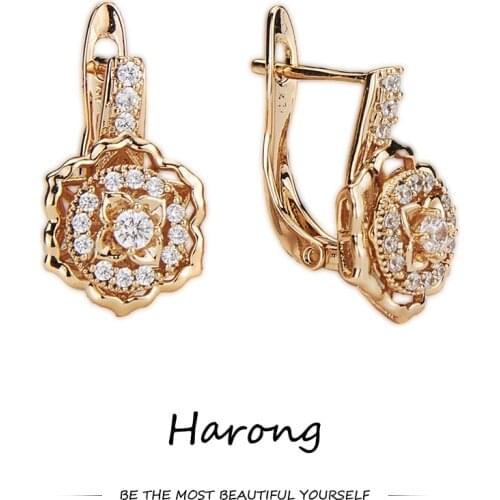 Harong Luxury Flower Crystal Gold-plated Stud Earring Woman Fashion Quality Jewelry Accessories Copper Earrings For Wedding