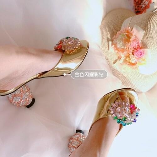 Summer sexy lady Casual Designer Gold crystal Rhinestone high heels Prom Evening Shoes sandals Slipper muler Slide