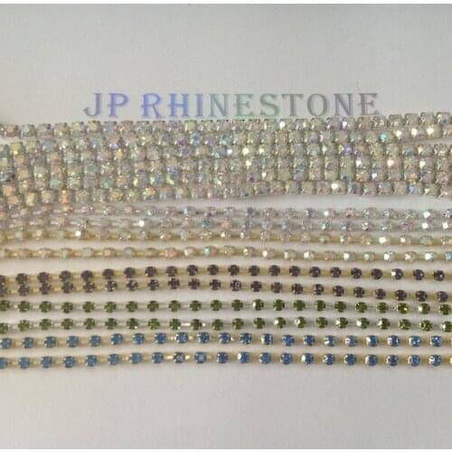 Metal cup chain rhinestone trimming size ss12 3mm gold stone crystal ab 10 yards each lot ,super shiny for women accessory