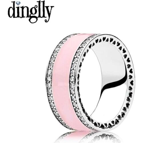 Dinglly Fashion Pink Enamel Rings Silver Plated Wide-brimmed Ring Heart Romantic Exquisite Female Ring Wedding Jewelry Gift