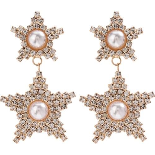 Fashion Imitation Pearls Rhinestone Pentagram Earrings Women Double Star Vintage Large Earring Jewelry Statement ZA Long Earring