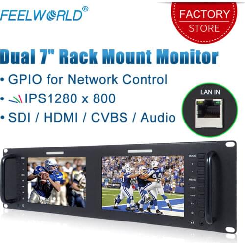 Feelworld D71 Dual 7 inch 3RU Rack Mount Monitor IPS 1280x800 Broadcast LCD Display with 3G SDI HDMI AV Input Output LAN Port