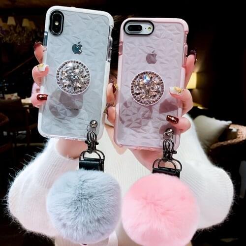 Luxury diamond cute hair ball lanyard bracket soft case for iphone 12 Pro 7 X XR XS 11 pro MiNi 8 6S plus for samsung S10 S8 S9