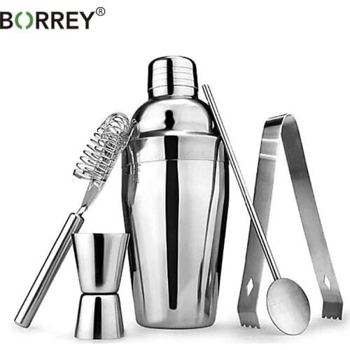 BORREY 550Ml Stainless Steel Cocktail Shaker Set Wine Filter Cocktail Spoon Ice Tongs Metal Straw Stir Bar Cocktail Making Kit
