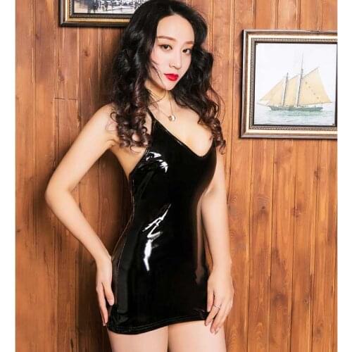 New Sexy Turtleneck MINI Dress Faux Leather Shiny Gloss Night Club Pole Dance Wear Latex Fetish pvc Fantasias Erotic Products 12