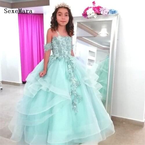 New girls pageant dress puffy tulle beaded lace straps top backless flower girl dress children costumes for special occasion