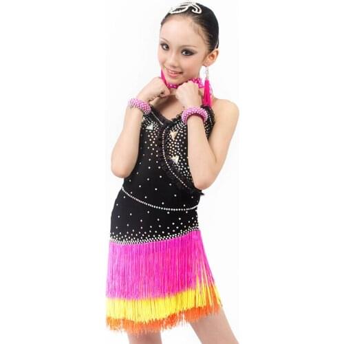 New Girls Latin Salsa Ballroom Competition Performance Dance Dress,Diamonds & Tassels Decorated,Child Professional Stage Costume