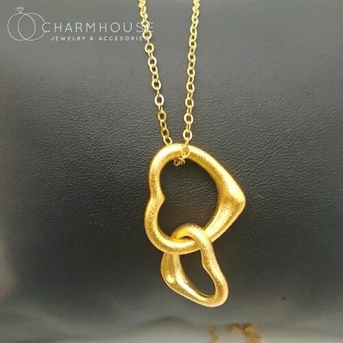 Yellow Gold GP Charm Necklaces For Women Double Heart Pendant & Necklace Chain Collier Femme Wedding Jewelry Accessories Bijoux