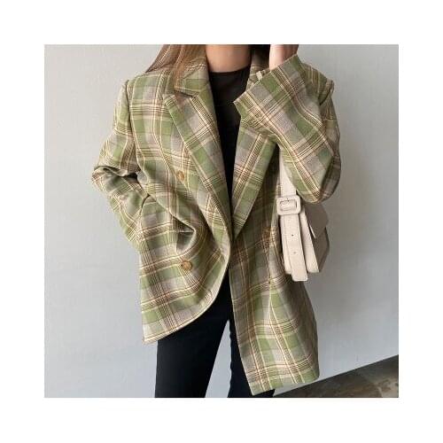 Spring Autumn Fashion Suit Vintage Loose Women Plaid Blazer Chic Double Breasted Slimlong Sleeve Jackets Stylish Ladies Coats