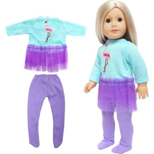 Handmade Birds Pattern Dress + Purple Trousers Daily Casual Wear Outfit Skirt Pants Accessories Clothes for 45 CM Baby Doll Toys