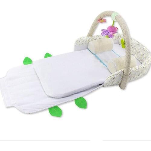 Portable Baby Foldable Bed Travel Crib with Head Shaping Pillow Soft Mattress Fitness Frame Development Toy Mobile Phone Straps