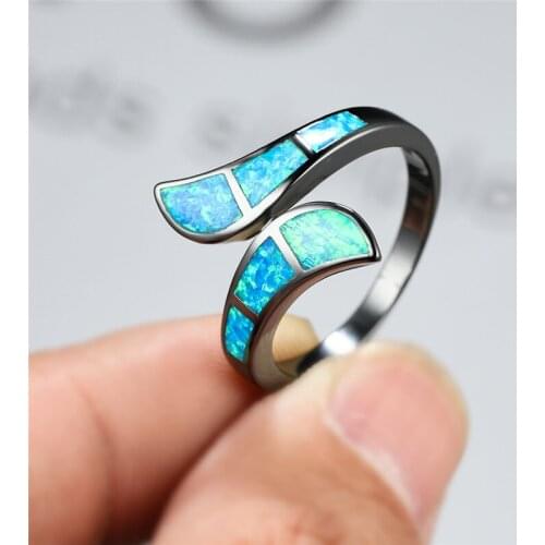 Luxury Birthstone Promise Love Engagement Ring Female Blue Fire Opal Stone Ring Fashion 14KT Black Gold Wedding Rings For Women