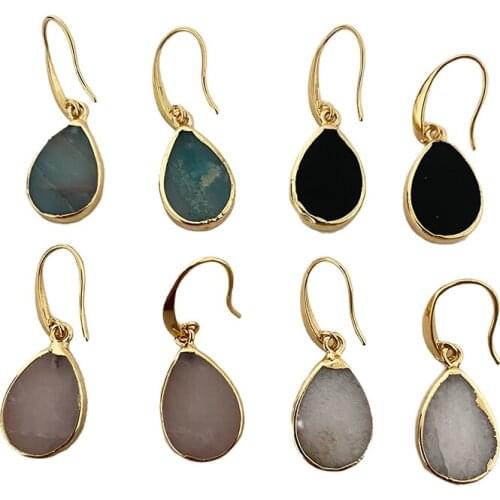 Coated Natural Genuine Gemstones Pear Shaped Goldtone Teardrop Stone Dangle Leverback Earrings For Women Teen