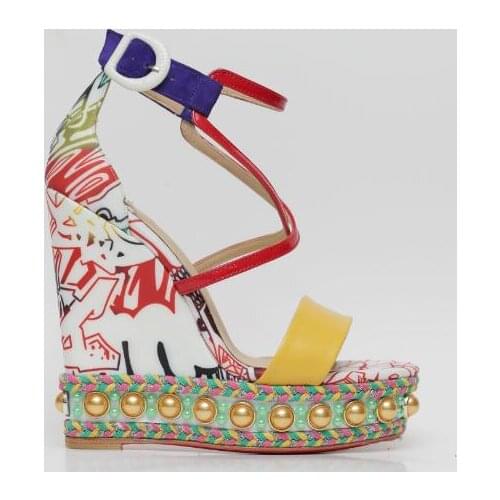 Pearl Studs Cross-tied Platform Wedge Sandal For Woman Multi Flower Printed Cutouts Gladiator Shoes Ladies Super High Sandals