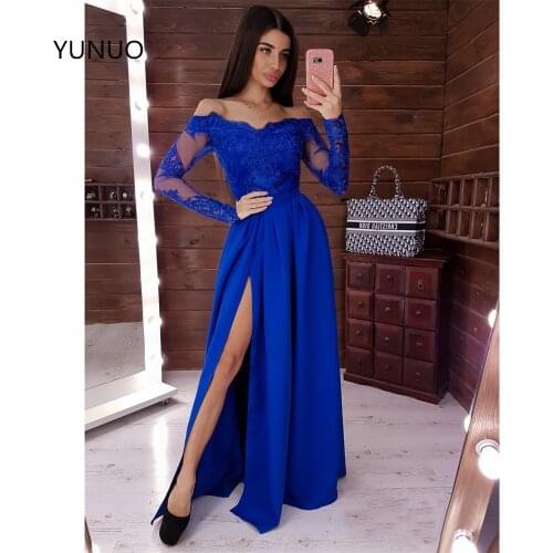 YUNUO Sexy Off The Shoulder Prom Dress Lace Long Sleeves Formal Gown вечернее платье Vestido De Festa Evening Dresses Side Split