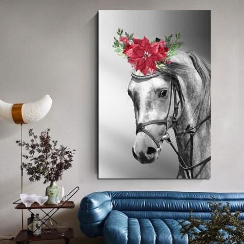 Nordic Poster Horse With Flower Canvas Painting Abstract Animal Decorative Wall Art Picture For Living Room Modern Home Decor