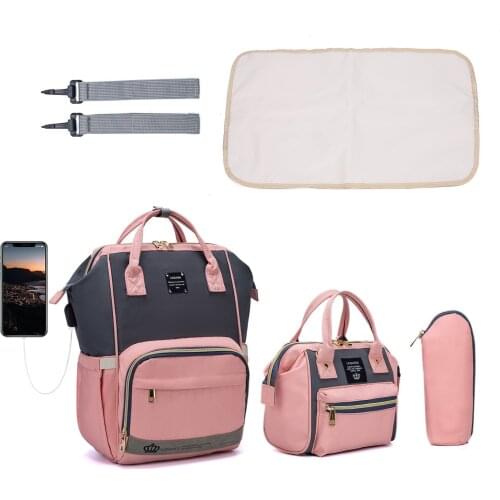 LEQUEEN 3pcs Mummy Bag USB Multifunctional Large-capacity Handbag Three-piece Condom Mother Bag Baby Travel Tide Bag