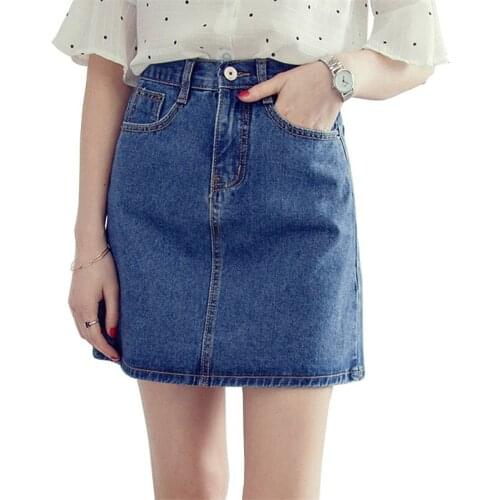 Summer High Waist Button A-line Denim Skirt Women Korean Preppy Style Solid Color Plus Size Jean Skirts